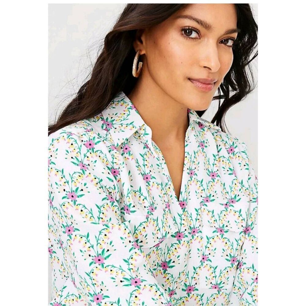 Ann Taylor floral camp popover blouse women's size S